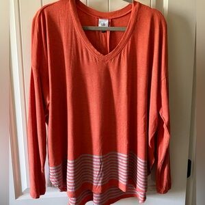 CAbi Coral V-Neck Stripe-Hem Pullover